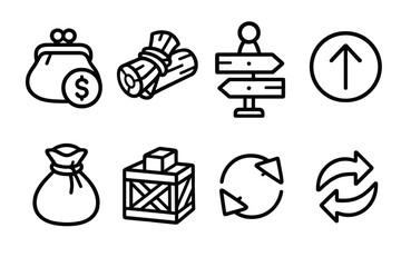 Virtual Economy Icons. Virtual Economy Components linear set: coin purse, material bundle, trade board, merchant marker, upgrade token, barter goods sack, resource crate, exchange
