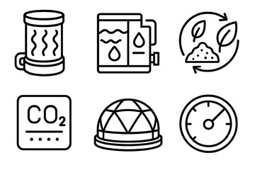 Space Habitat Ecosystem. Space Habitat Regeneration Set linear set: algae bioregen tank, water purification module, compost-to-nutrient icon, CO₂ scrubber tile, living habitat pod,