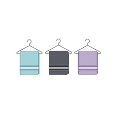 Three colorful towels hanging on hangers, light blue, gray, and purple, with striped patterns, clean and neat.