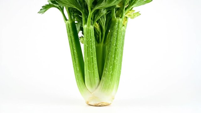 Green celery stalks with leaves in glass vase. Fresh vegetable. Healthy eating. White background.