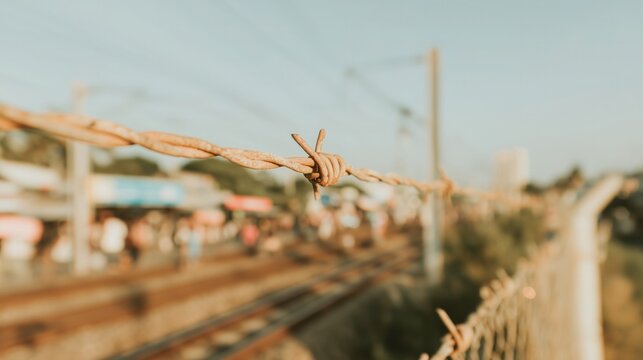 Rusty barbed wire in foreground; blurred railway track, platform and crowd behind, warm vintage tone embodies industrial urban transit and nostalgic atmosphere. - Powered by Adobe
