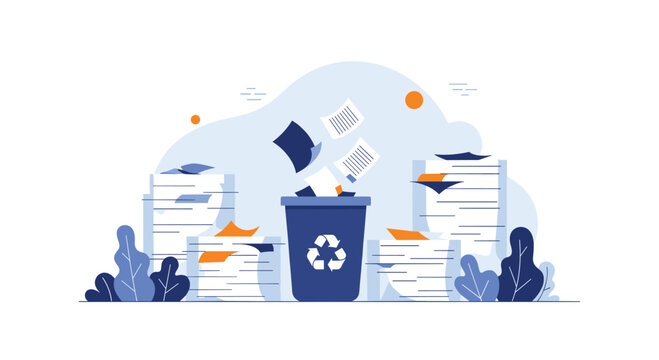 Illustration of paper waste management with documents flying into a recycling bin surrounded by stacks of paper.