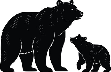 Silhouette of parent bear and cub standing together, symbolizing wildlife care, family bond, and animal kingdom relationships © Asik