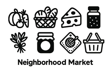 Market Essentials Icons. Neighborhood Market Items linear set: produce spread, bread basket, cheese slice icon, spice mix jar, herb bunch, local preserves, craft goods label,