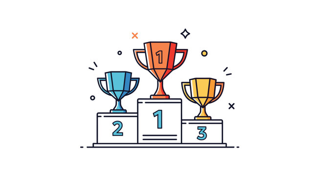 Gold silver and bronze trophy cups on a winner's podium for first second and third place in a competition.
