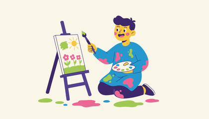 A young artist immersed in painting with bright colors splattered around and a look of pure joy and creativity on their face.