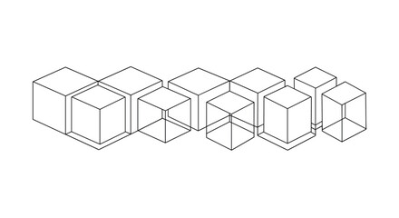 Fototapeta premium Abstract geometric design with a row of interconnected 3D wireframe cubes of various sizes in a simple outline style.