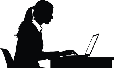 Silhouette of professional woman working on laptop at desk, representing remote work, digital engagement, and modern productivity