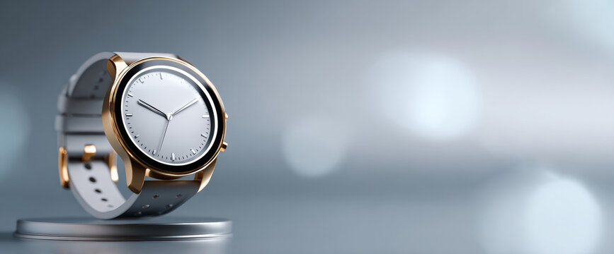 Close-up of elegant wristwatch with gold case and white strap displayed on round pedestal against blurred gray background
