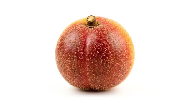 A single ripe peach is displayed on a white background for a studio shot.
