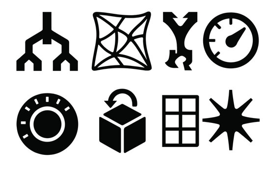 Brutalist Design Icons. Generative Design Pathways silhouette set: algorithmic branching tree, adaptive mesh frame, shape-optimization gauge, topology-shift symbol, parametric