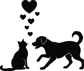 Silhouette of cat and dog facing each other with hearts above, symbolizing affection, harmony, and interspecies friendship