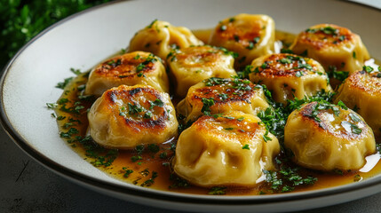 Dumplings served on a plate with rich sauce and finely chopped herbs during a cozy indoor dining experience