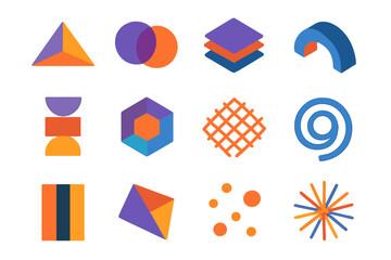 Vibrant Geometric Icons. Abstract Geometry isometric flat set: angled triangles, intersecting circles, layered squares, bold line arcs, color block shapes, shifting polygons,