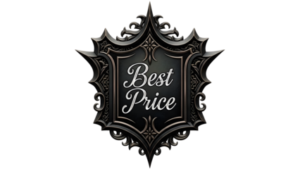Ornate gothic black shield emblem featuring elegant white text that reads best price isolated on transparent background