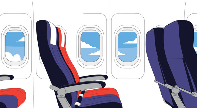 Interior view of an airplane cabin with empty red and blue passenger seats next to windows showing a beautiful blue sky view. - Powered by Adobe
