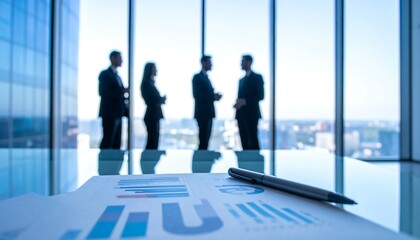 ガラス越しに会議を行うビジネスマンのチームを映した都会的なビジネス背景