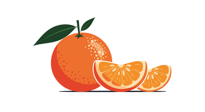 Whole fresh orange with a green leaf and two juicy orange slices next to it isolated on a plain white background.