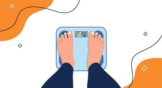 Top-down view of a person's feet standing on a digital bathroom scale with an abstract orange and white background.