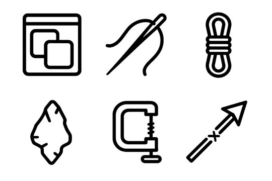 Wilderness Repair Toolkit. Wilderness Repair Skills linear set: patch kit, sewing needle, cord wrap, tool shard, quick-fix clamp, repair arrow.