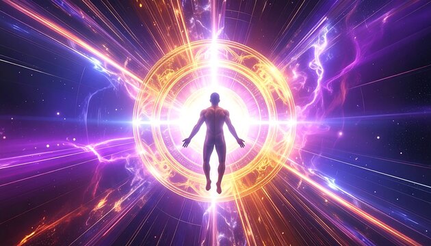 スピリチュアルな光輪に浮かぶ後ろ姿の人物が風水の調和を体現する幻想風景
