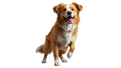 Energetic dog with playful and goofy expression, detailed fur, lively posture, centered on pure white background, ideal for pet, animal, fun, and lifestyle visuals.