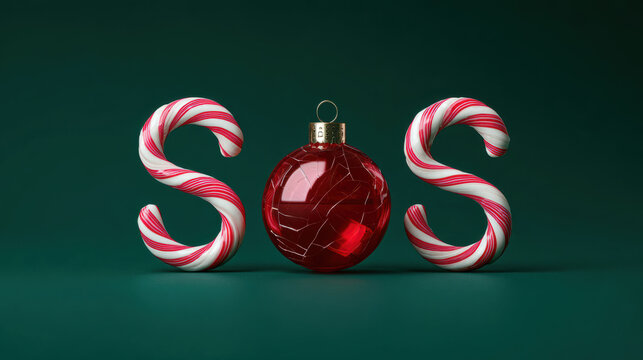 Creative Christmas composition spelling SOS with candy canes and a cracked red bauble, symbolizing holiday stress or emotional message.