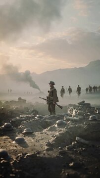 A quiet post-battle dawn reveals an exhausted soldier standing alone among empty trenches and scattered relics, as pale sunrise light and drifting smoke convey silence, humility, and reflection.