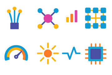 Modern Network Icons. Ultra-fast network pathways flat set: optical fiber strip, data relay node, signal wave bar, routing grid tile, throughput gauge, latency light, flow path