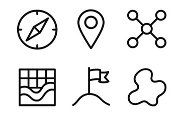 Fototapeta premium Compass and Nodes Mapping. Exploratory Design Mapping linear set: compass marker, concept nodes, connecting threads, terrain grid, discovery flag, evolving shape.