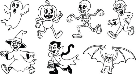 Vintage Halloween Cartoon Characters Ghost Pumpkin Skeleton Witch Vampire and Bat Set