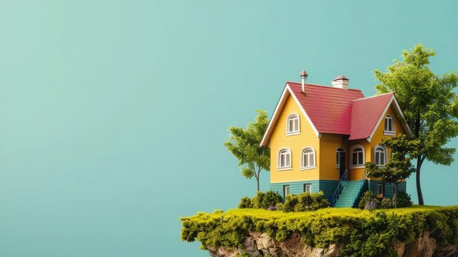 Miniature colorful house perched on floating earth with greenery against blue background
