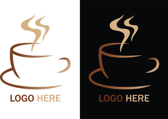 Coffee icon and logo design. Isolated vector company logo with hot coffee or tea brown cup element with aroma steam and lettering Company Name. On white background