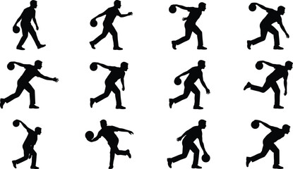 Vector Set of Male Bowling Player Silhouettes in Various Dynamic Poses, Including Throwing the Ball and Approaching the Lane, Representing Sport and Hobby.