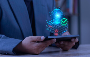 Businessman using AI powered applicant tracking system (ATS) for smart resume screening. Concept of automated hiring, algorithm candidate filtering, and HR technology.Automation in hiringAI Screening