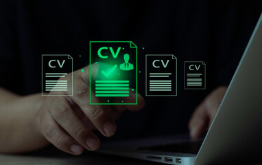 HR manager hand selecting the perfect candidate CV resume on virtual interface. Concept of recruitment, talent acquisition, and hiring decision.Decision makingFinding the perfect candidate