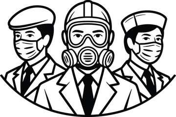 Vintage Retro Masked Workers Safety Team Illustration with Gas Mask and Protective Face Coverings