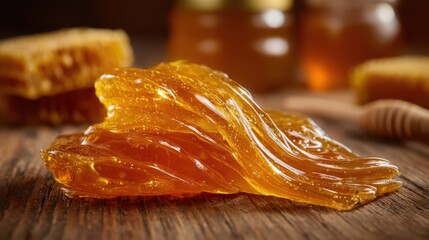 Golden Honey with Smooth Texture on Rustic Wooden Table Surface