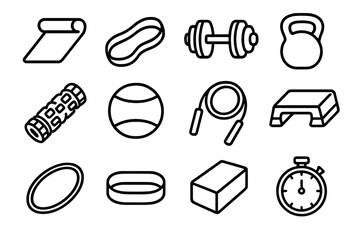 Home Workout Icons. At-Home Workout Gear linear set: exercise mat, pull band, adjustable dumbbell, kettlebell icon, trigger-point roller, stability ball, speed rope, step bench,