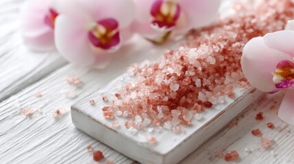 Pink Himalayan Salt with Orchid Flowers on a White Wooden Surface