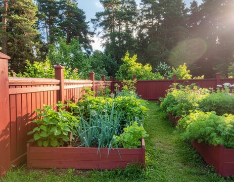 Traditional red-painted Swedish allotment raised beds with dill and onion.