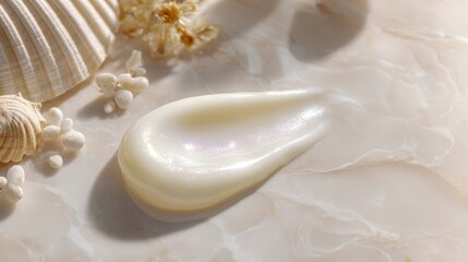 Creamy Skincare Product Droplet on a Marble Surface with Shells