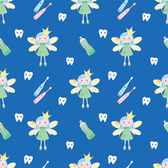 Tooth fairy pattern, kids dental background. Fairy and tooth seamless pattern. Magical tooth pattern, pastel children background