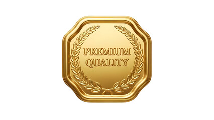 Shiny gold premium quality seal or emblem with laurel wreath isolated on transparent background