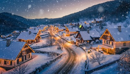 Fototapeta premium Cozy Alpine Village Blanketed in Snow During a Magical Winter Evening