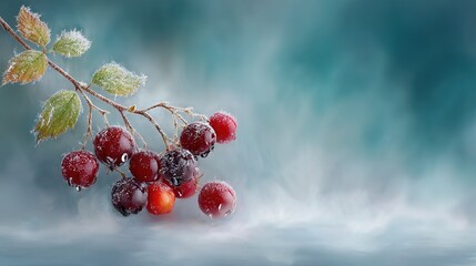   A cluster of berries perched atop a leafy branch, encrusted in glistening ice and adorned with water-drenched foliage