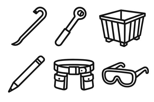 Jobsite Tool Kit Icons. Jobsite Tool Kit linear set: crowbar, socket wrench, scrap bin, marking pencil, tool belt, protective goggles.