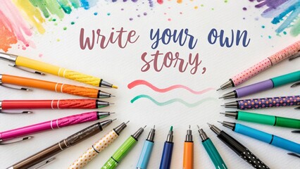 Colorful pens surrounding writing prompt on white paper