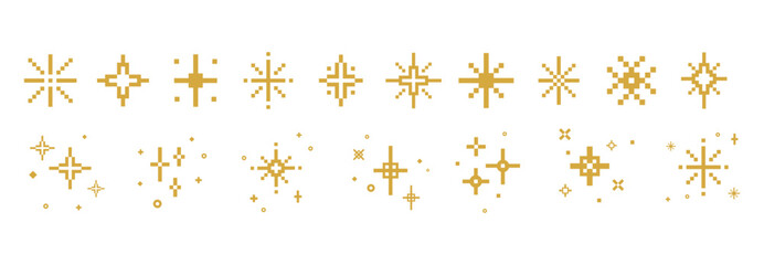 Minimal Geometric gold sparkle and stars icons set.Abstract starbursts, glows, twinkles, and elements for holiday decorations, digital design, UI elements, festive cards, luxury branding .Vector