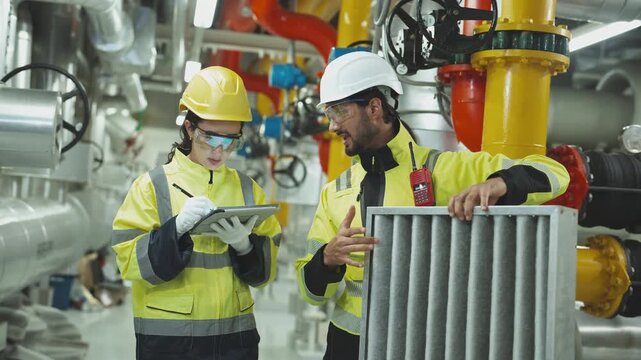 In-depth examination of the main supply pipeline ensuring proper flow and pressure for the extensive industrial HVAC complex.